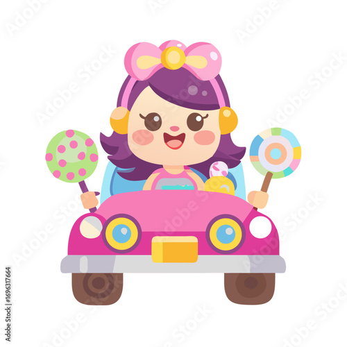 Vector art of cute girl driving a pink candy car