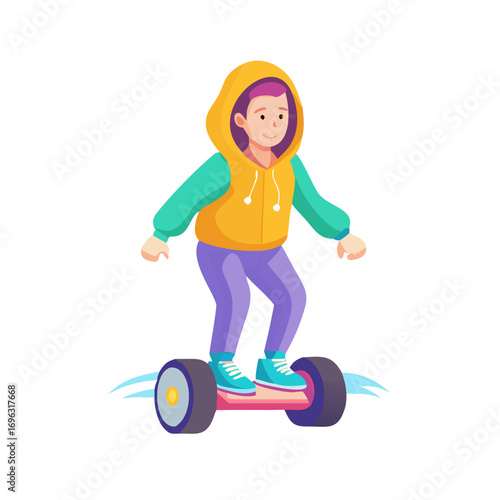 Vector art of a young person in a hoodie riding a hoverboard