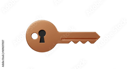 3D rendering of a single bronze key on a pristine white background, clean and clear