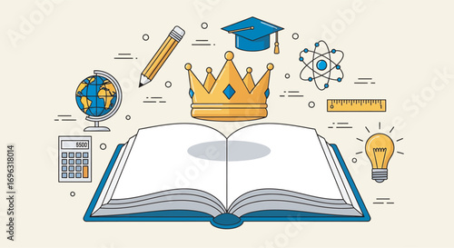 Open book sits beneath a golden crown surrounded by educational symbols representing knowledge and learning in a bright and inviting style.