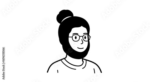A minimalist line drawing of a bearded man with glasses and a top bun hairstyle