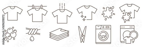 Laundry self-service line icons set in minimal thin outline style. Includes washing machine, detergent and clothing care symbols. Perfect for laundromat, cleaning services, washing and household theme