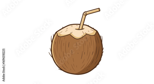 Fresh tropical coconut drink with straw summer vacation refreshment healthy beverage illustration cartoon drawing on transparent background
