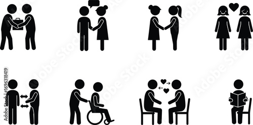 Stick Figure Social Interaction Icons – Communication, Support, Friendship, Care, Love, Disability Assistance, Social Distance, Reading, and Togetherness Symbols