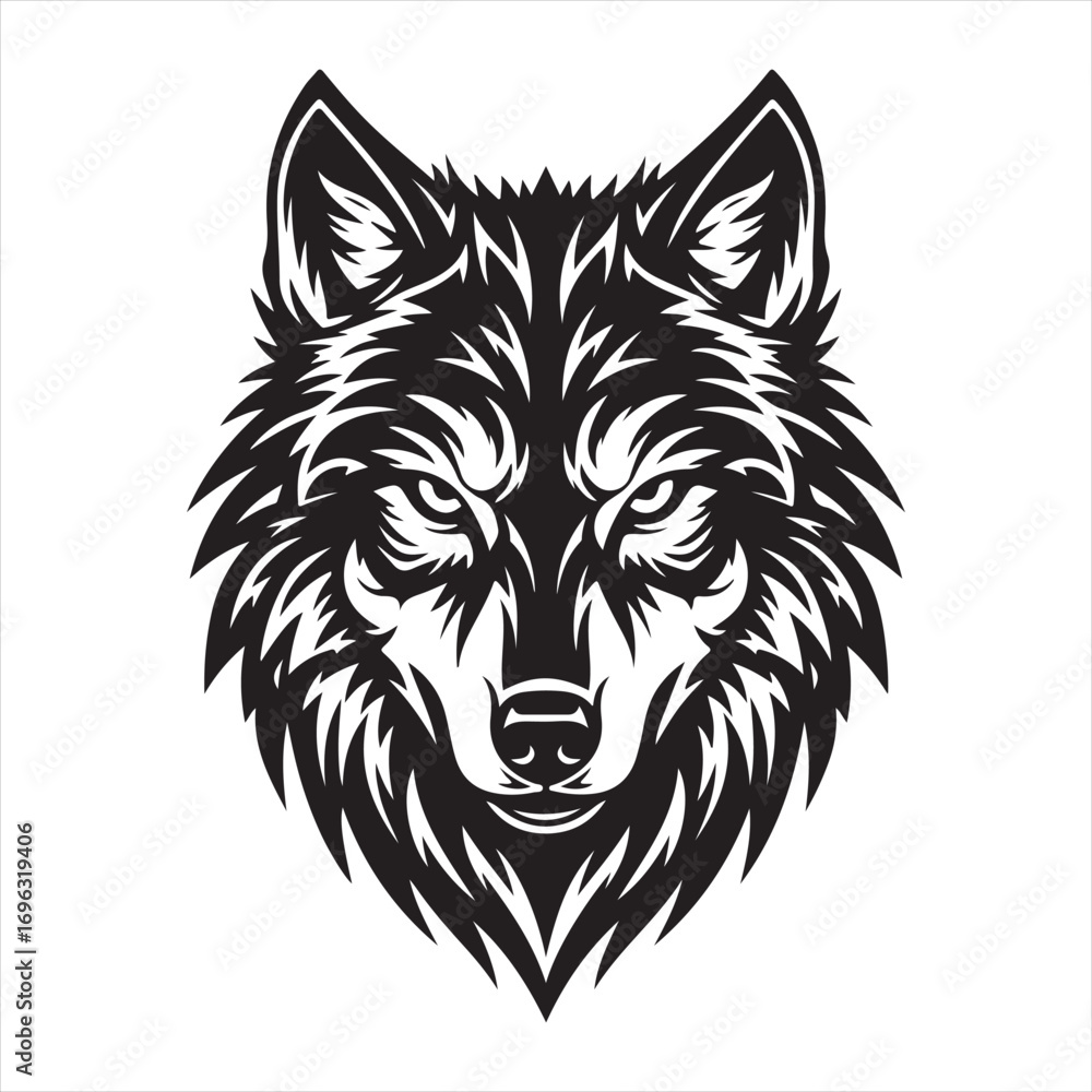 Fototapeta premium Intense black and white wolf head illustration with fierce eyes
