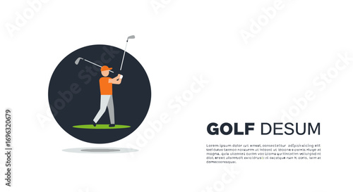 Flat design vector illustration of a golfer swinging a golf club on field