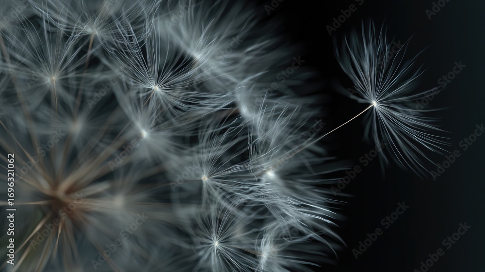 Naklejka premium 繊細なタンポポの綿毛のクローズアップ。自然や春のイメージ素材に最適な植物写真。