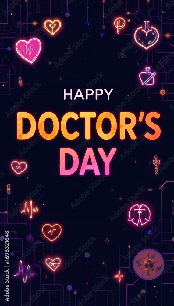 Fototapeta premium Celebratory digital glowing heart and medical symbols illustration for doctors appreciation day