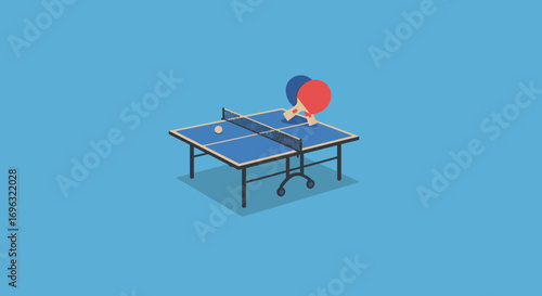 Minimalist ping pong illustration featuring table, ball, and paddles on blue background