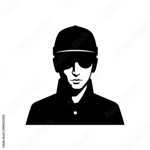 Minimalist portrait of a man with cap and sunglasses in black and white