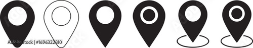 Set of location pin icons, map markers and GPS navigation pointers in solid and outline vector style for maps, travel apps, and navigation design