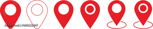 Set of red location pin icons, GPS navigation markers and map pointers in solid and outline vector design for maps, travel apps, mobile navigation, and web graphic design