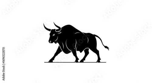 Powerful black bull illustration on white background, stock market concept