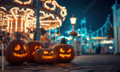 Halloween pumpkins at night in an amusement park with illuminated carousels and roller coasters, a spooky theme background