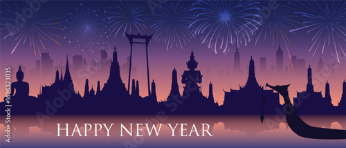 Happy New Year Celebration in Bangkok with Fireworks and Temple Silhouette