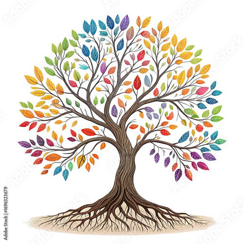 Colorful digital tree of life in 3D style, symbol of modern nature. solated transparent background.