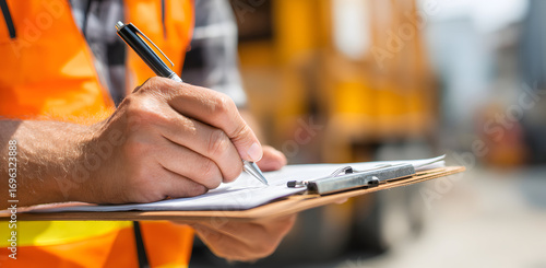 Worker writing on clipboard near construction site, focusing on safety inspection and documentation with an emphasis on precision and detail.