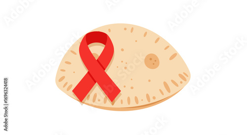 Symbolic representation of hiv aids awareness with red ribbon on flatbread