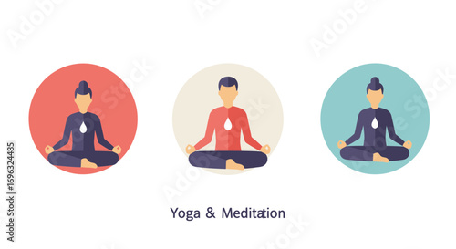 Three colorful yoga meditation icons demonstrating mindfulness and relaxation techniques