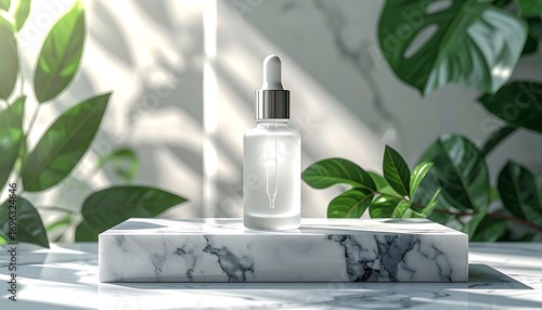Frosted glass serum bottle with silver dropper on marble block with green leaves and shadows