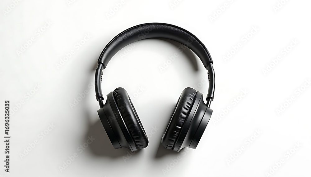 Fototapeta premium Black headphones on white background with copy space 