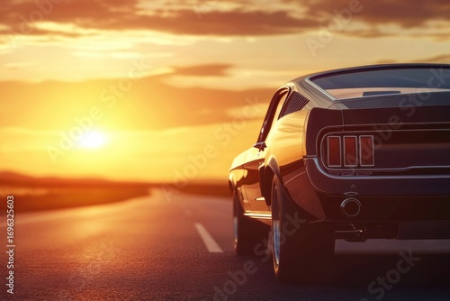 Classic black muscle car driving on an open road at sunset. Road trip, freedom, vintage.