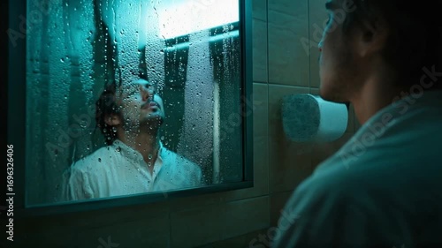 Troubled Man in Bathrobe Confronts His Distorted Reflection in a Steamy TealLit Bathroom.