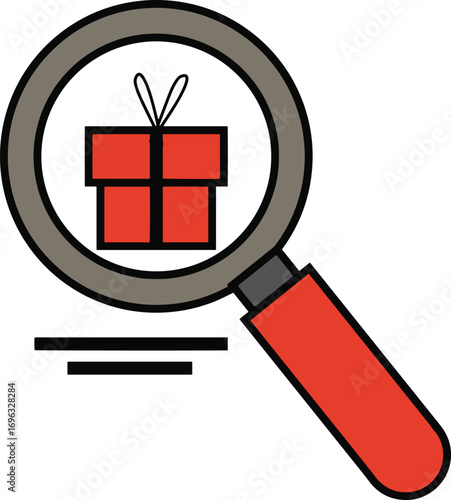 Magnifying glass focusing on a gift box icon representing searching for the perfect gift idea