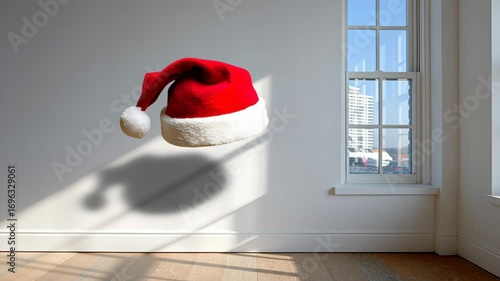 Red hat is floating in the air above a white room with a window. The hat is upside down and he is in mid-air. The room is empty and has a minimalist design