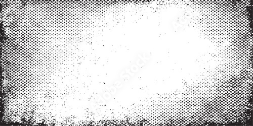Black and white vintage grunge texture background with dirty ink splat and a decorative halftone border pattern