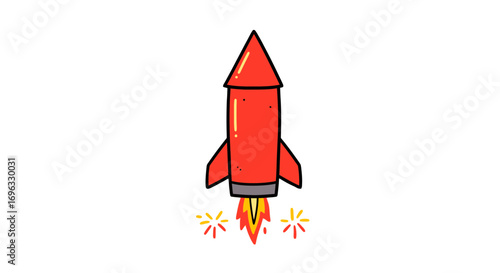 Cartoon rocket ship launching into space with fire and sparks for kids illustration graphic design on transparent background