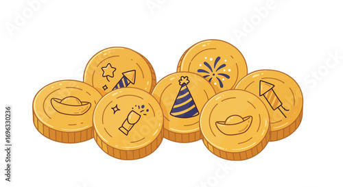 Golden celebration coins party hat fireworks rockets wealth chinese new year festivities graphic design on transparent background