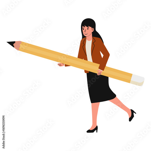 Woman walks with oversized pencil in hand while wearing professional attire in a vibrant, creative environment
