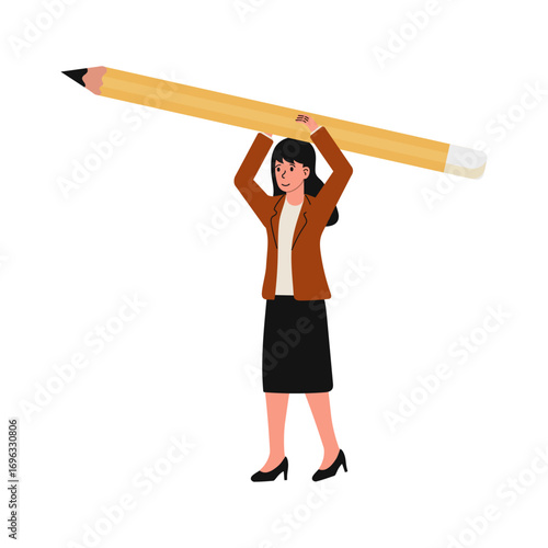 Creative woman holds giant pencil overhead in a playful display of artistic inspiration in the office