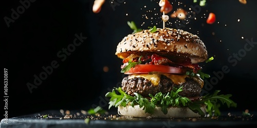 Delicious gourmet burger with falling ingredients against a dark backdrop