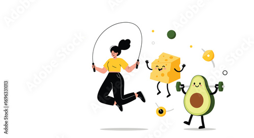 Healthy eating and fitness lifestyle with fun food characters exercising together