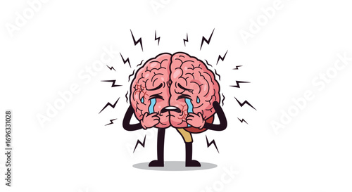 Sad cartoon brain character experiencing intense mental distress and sadness