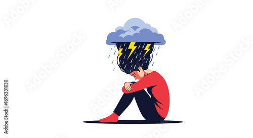 Person sitting underneath a storm cloud representing mental health struggles