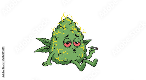 Funny stoner weed bud character relaxing and smoking joint