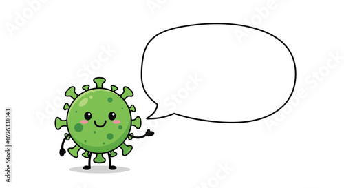 Cute cartoon virus character speaking in a speech bubble greeting everyone around the world