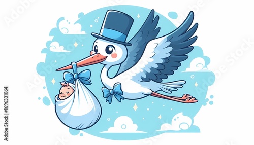 Cartoon stork delivers a baby with a top hat flying through a sky with clouds graphic design