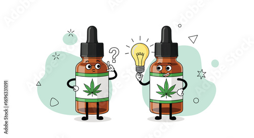 Cbd oil bottle characters discussing ideas and innovations for natural wellness solutions