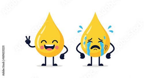 Happy and sad yellow liquid drop characters expressing emotions through facial expressions and gestures