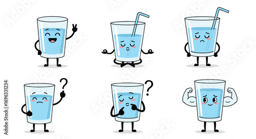 Animated glasses of water expressing different emotions and feelings