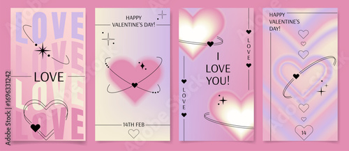 Happy Valentine's Day design templates set.Typography poster. Trendy aesthetic with gradient blurred backgrounds. Designs for social media marketing, branding, packaging. Minimal blur y2k design
