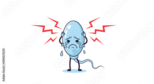 Sad sperm character feeling pain and stress with red lightning bolts around its head