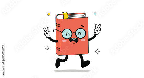 A happy book character dancing joyfully while wearing glasses and holding peace signs