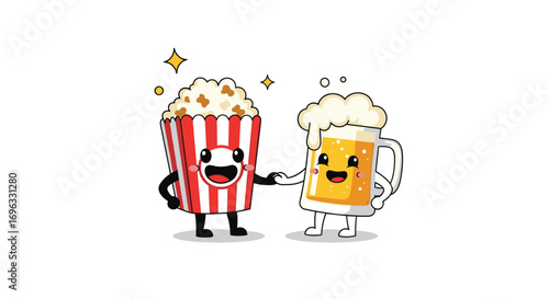 Cute popcorn and beer having a fun night out together