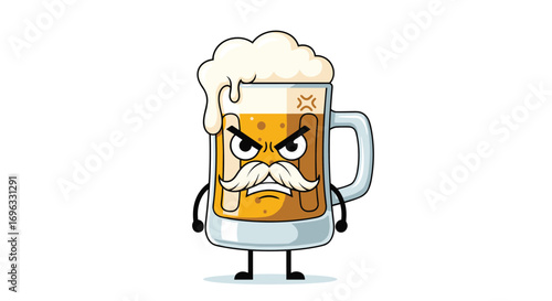 An angry mug of beer with a mustache and eyes standing firmly