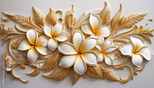 intricate golden and white floral bas relief design featuring plumeria flowers and ornate stucco leaves and stems on a textured off white background